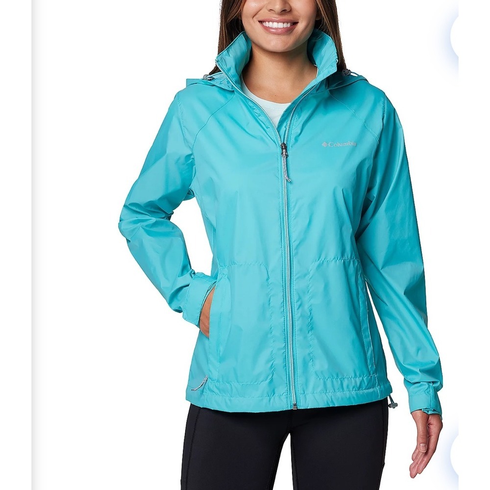 Columbia Women's Lightweight Hooded Rain Jacket Teal Blue Packable Outdoor